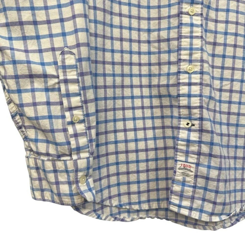 Izod Saltwater Men’s Plaid Shirt Large Blue White Cotton Long Sleeve - Picture 2 of 7